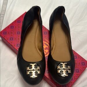Tory Burch Black Flats with Gold Logo
